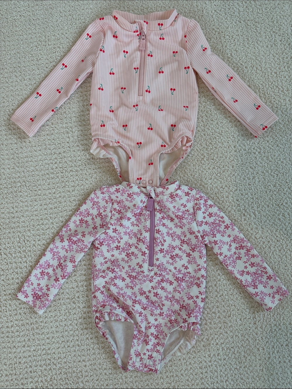 Carter's Pink Long-Sleeve Cherry & Floral One-Piece Swim Suits - 2 Bundle